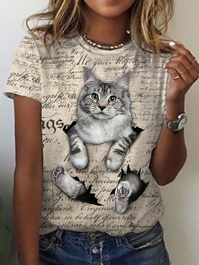 T Shirt Femme Quotidien Fin De Semaine Chat 3d Chat Graphique 3d Manches Courtes Imprime Col Rond Basique Blanche Beige Hauts Standard De 21 A 10 99