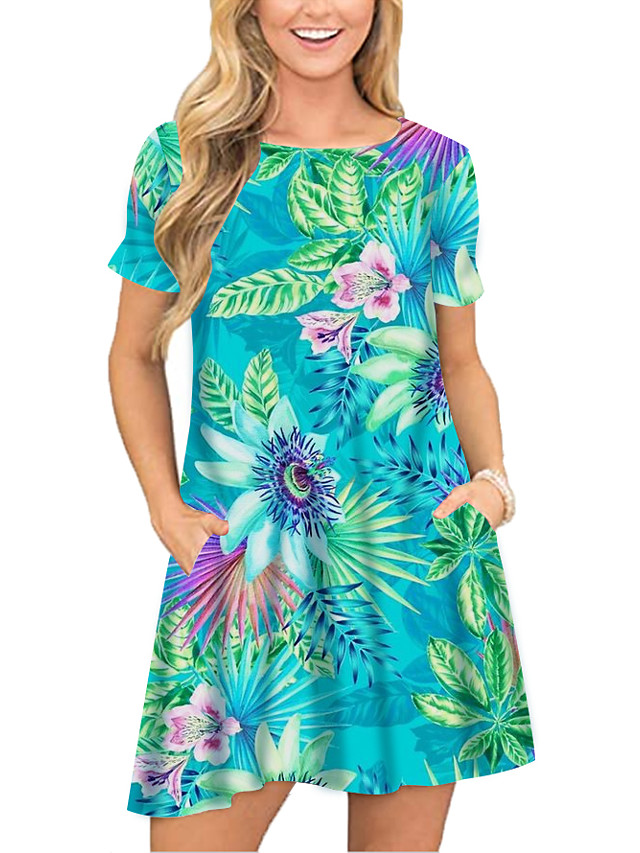 Dam T shirtklänning Kort miniklänning Grön Kortärmad Blommig Tryck 