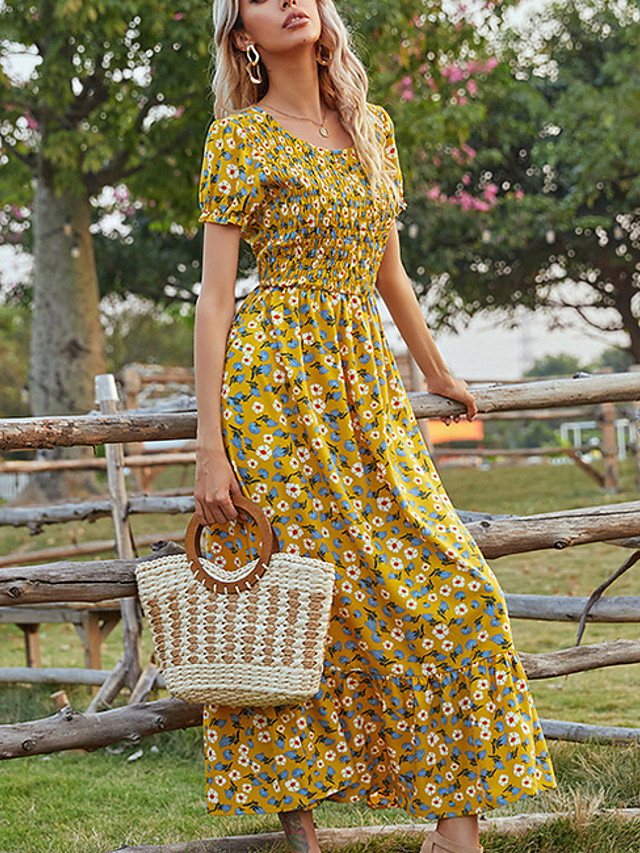 Women's A Line Dress Maxi long Dress Yellow Short Sleeve Floral Color ...