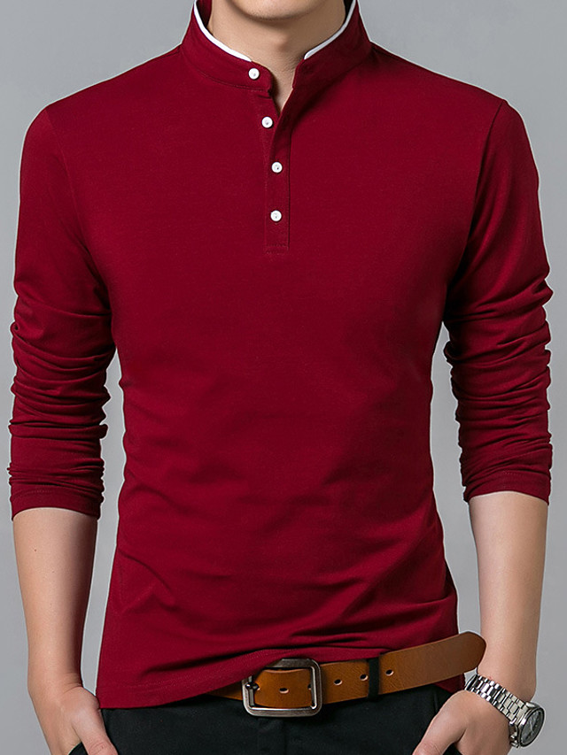 Men's Golf Shirt Solid Color Button-Down Long Sleeve Street Tops Cotton ...