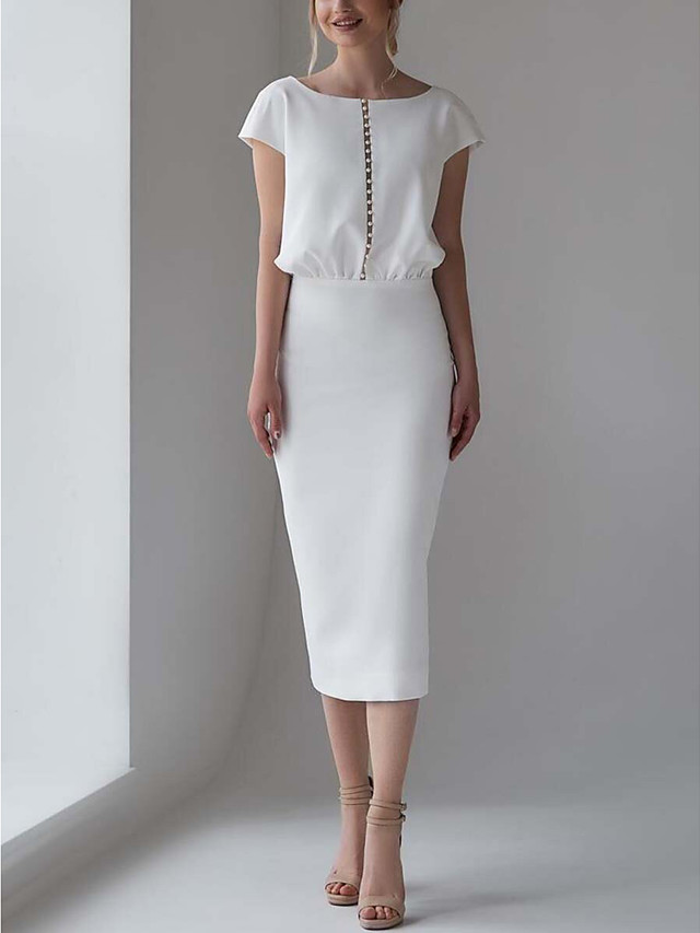 Womens Sheath Dress Knee Length Dress White Half Sleeve Solid Color 3541