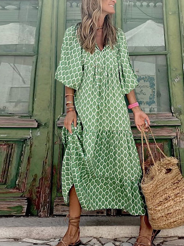 Femme Robe Trapèze Robe longue maxi Vert Manches 3/4 Géométrique