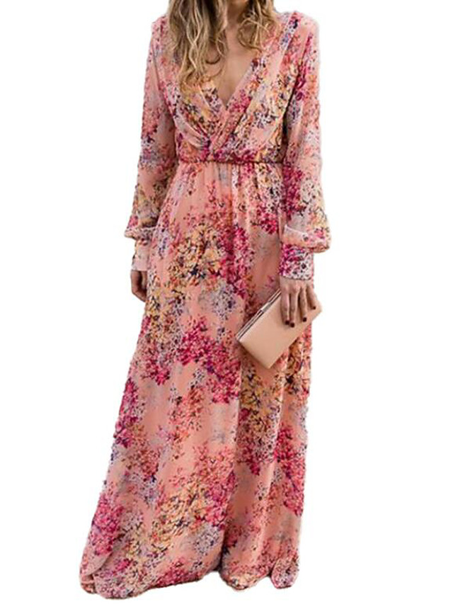 Femme Robe Vas E Robe Longue Maxi Rose Claire Manches Longues Fleurie