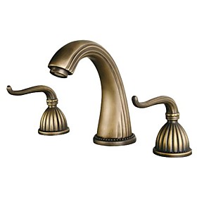 Antique Brass Bathroom Sink Faucet,Widespread Two Handles Three Holes Bath Taps with Hot and Cold Switch and Ceramic Valve