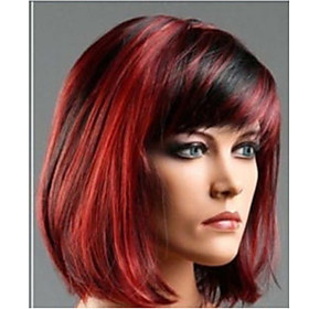 Synthetic Wig Straight Straight Bob With Bangs Wig Short Fuxia Synthetic Hair Women's Highlighted / Balayage Hair Side Part Red