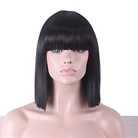 Synthetic Wig Straight Kardashian Straight Yaki Bob Neat Bang Wig Short Natural Black Synthetic Hair 12 inch Women's With Bangs Black