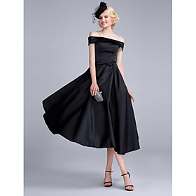 A-Line Vintage Inspired Cocktail Party Prom Dress Off Shoulder Sleeveless Tea Length Satin Chiffon Polyester with Bow(s) 2021