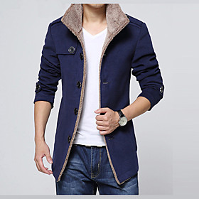 Men's Jacket Solid Colored Basic Winter Fur Coats Shirt Collar Regular Coat Daily Long Sleeve Jacket Navy Blue / Faux Fur / Slim