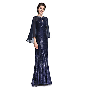 Mermaid / Trumpet Mother of the Bride Dress Elegant Keyhole Jewel Neck Floor Length Chiffon Sequined Long Sleeve with Sequin 2021