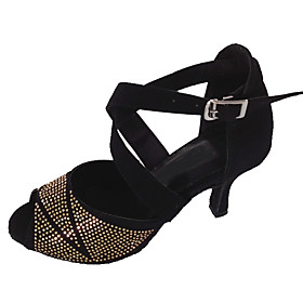Women's Latin Shoes Sandal Rhinestone Customized Heel Black / Gold Navy Leopard Buckle Glitter Crystal Sequined Jeweled / Indoor / EU41