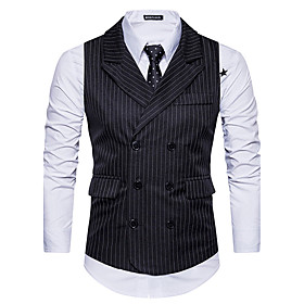 Men's Vest Daily Going out Striped Slim Polyester Men's Suit White / Black / Dark Gray - Shirt Collar / Fall / Winter / Sleeveless