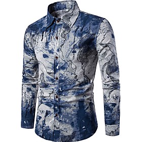Men's Shirt Abstract Print Long Sleeve Going out Slim Tops Chinoiserie Spread Collar Blue