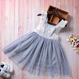 Toddler Little Girls' Dress Patchwork Solid Colored Holiday Going out Backless Tulle Lace Light gray Sleeveless Boho Dresses Spring Summer