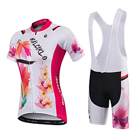 Malciklo Women's Short Sleeve Cycling Jersey with Bib Shorts Black / Red WhiteRed Floral Botanical Bike Jersey Bib Tights Padded Shorts / Chamois Breathable Qu