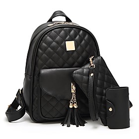Women's PU Leather School Bag Rucksack Commuter Backpack Large Capacity Zipper Daily Backpack Black