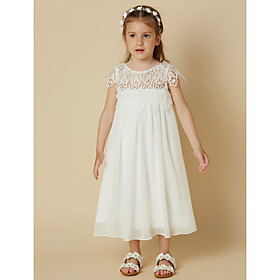 Sheath / Column Knee Length Flower Girl Dresses Wedding Chiffon Short Sleeve Scoop Neck with Lace / First Communion / Holiday