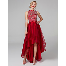 A-Line Sparkle  Shine High Low Keyhole Cocktail Party Prom Dress Jewel Neck Sleeveless Asymmetrical Satin Tulle with Bow(s) Sequin 2021
