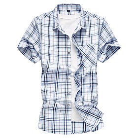 Men's Shirt Plaid Plus Size Short Sleeve Daily Slim Tops Cotton Basic Blue Yellow / Summer