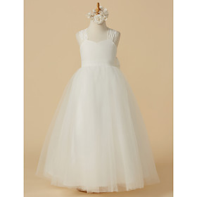 Princess Floor Length Flower Girl Dresses Wedding Lace Sleeveless Halter Neck with Bow(s) / First Communion