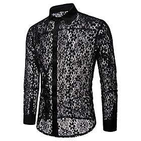 Men's Shirt Solid Colored Cut Out Mesh Long Sleeve Party Tops Basic Sexy White Black / Lace / Club