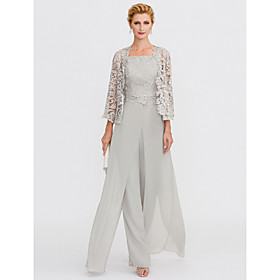 pantsuit Bruidsmoederjurken Elegant Grote maten Vierkante hals Tot de grond Chiffon Corded Lace Mouwloos met Kant Appliqués 2020 pantsuit Bruidsmoederjurken Elegant Grote maten Vierkante hals Tot de grond Chiffon Corded Lace Mouwloos met Kant Appliqués 2020