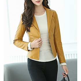 Women's Faux Leather Jacket Solid Colored Spring   Fall Notch lapel collar Short Coat Daily Long Sleeve Jacket Yellow / Work