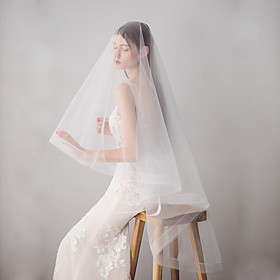 Two-tier Japan and Korea Style Wedding Veil Fingertip Veils with Fringe 62.99 in (160cm) Cotton / nylon with a hint of stretch / Drop Veil