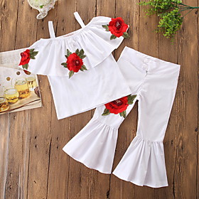Kids Toddler Girls' Clothing Set Short Sleeve White Floral Solid Colored Color Block Embroidered Daily Holiday Active Basic Regular