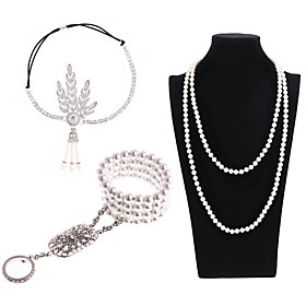 The Great Gatsby Charleston Vintage 1920s Roaring Twenties Costume Accessory Sets Women's Classic Style Costume Head Jewelry Pearl Necklace Slave Bracelet Blac
