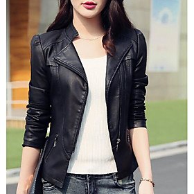 Women's Faux Leather Jacket Solid Colored Rivet Casual Fall Spring Jacket Stand Collar Regular Coat Causal Long Sleeve Jacket Black / Slim