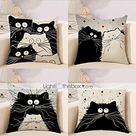 4 pcs Cotton / Linen Pillow Cover, Animal Cartoon Square Traditional Classic Home Sofa Decorative Outdoor Cushion for Sofa Couch Bed Chair Black White
