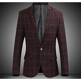 Men's Blazer Daily Houndstooth Slim Polyester Men's Suit Wine / Light gray / Dark Gray - Shirt Collar / Fall / Long Sleeve