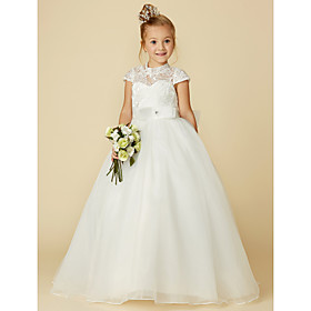 Ball Gown Floor Length Flower Girl Dresses Wedding Lace Short Sleeve High Neck with Lace / First Communion