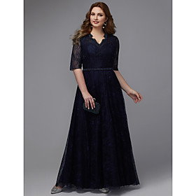 A-Line Plus Size Wedding Guest Formal Evening Dress V Neck Half Sleeve Floor Length Lace with Beading 2021