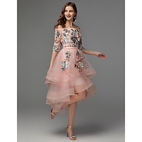 A-Line Floral Wedding Guest Cocktail Party Dress Off Shoulder Half Sleeve Asymmetrical Satin Tulle with Embroidery Appliques 2021