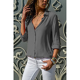 Women's Blouse Shirt Plain Solid Colored Long Sleeve Deep V Basic Tops White Black Blue