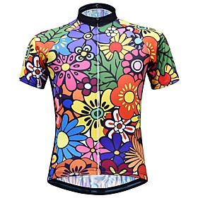 JESOCYCLING Women's Short Sleeve Cycling Jersey Summer Polyester Black Rainbow Floral Botanical Bike Jersey Quick Dry Moisture Wicking Breathable Back Pocket S