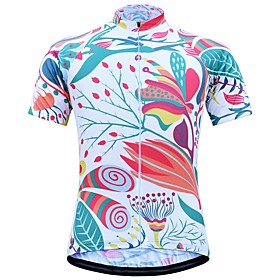 JESOCYCLING Women's Short Sleeve Cycling Jersey White Floral Botanical Bike Jersey Top Mountain Bike MTB Road Bike Cycling Breathable Moisture Wicking Quick Dr