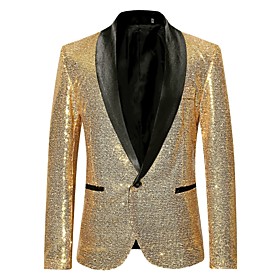 Season:All Seasons; Fabric:Polyester; Sleeve Length:Long Sleeve; Look After Me:Wash inside out; Gender:Men's; Size Suggestion:This Style is TRUE to SIZE.; Style:Luxury; Elasticity:Inelastic; Occasion:Club,Party; Age Group:Adults; Outerwear Length:Regular; Men's Blazer Regular Solid Colored Party Club Luxury Black / Wine / Gold S / M / L