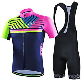 cheji Men's Short Sleeve Cycling Jersey with Bib Shorts Summer Lycra Red Blue Green Bike Clothing Suit Quick Dry Breathable Back Pocket Sports Mountain Bike M