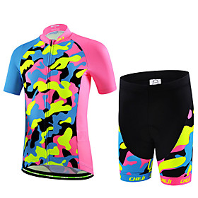 cheji Boys' Girls' Short Sleeve Cycling Jersey with Shorts - Kid's Summer Lycra PinkGreen Green / Yellow Bike Bib Shorts Clothing Suit Quick Dry Breathable Ba