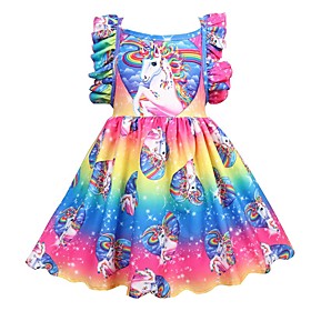 Kids Little Girls' Dress Unicorn Rainbow Floral Patchwork Holiday Pleated Print Rainbow Knee-length Sleeveless Active Sweet Dresses Regular Fit 2-12 Years
