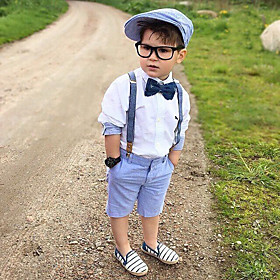Kids Toddler Boys' Shirt  Shorts Clothing Set 3 Pieces Long Sleeve White White Solid Colored Color Block Tie Knot Party School Active Basic