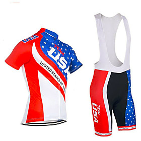 21Grams American / USA USA National Flag Men's Short Sleeve Cycling Jersey with Bib Shorts - Black / Red RedBlue Bike Clothing Suit Anatomic Design Quick Dry M