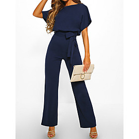 Women's Jumpsuit  Casual Daily Going out 2021 Black Blue Red Jumpsuit Solid Color Wide Leg Belted Loose
