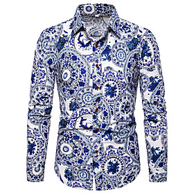 Men's Shirt Galaxy Geometric Print Long Sleeve Party Tops Boho Blue
