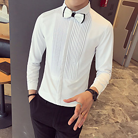 Fabric:Polyester; Sleeve Length:Long Sleeve; Gender:Men's; Style:Basic; Elasticity:Micro-elastic; Tops Type:Shirt; Occasion:Casual / Daily; Fit Type:Slim; Pattern:Solid Colored,Striped; Design:Print; Neckline:Classic Collar; Special Size:Asian Size; Front Men's Casual / Daily Shirt Striped Solid Colored Print Long Sleeve Tops Basic White Black