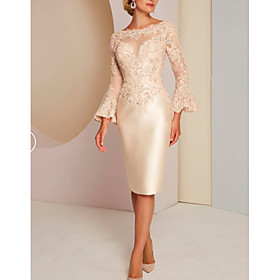 Sheath / Column Mother of the Bride Dress Plus Size Elegant Vintage Jewel Neck Knee Length Lace Satin Long Sleeve with Lace 2021