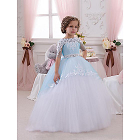 Princess Floor Length Flower Girl Dresses Wedding Lace Short Sleeve Jewel Neck with Lace