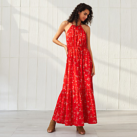 Women's Basic Boho Sheath Swing Dress - Floral Ruffle Ruched Print Red L XL XXL